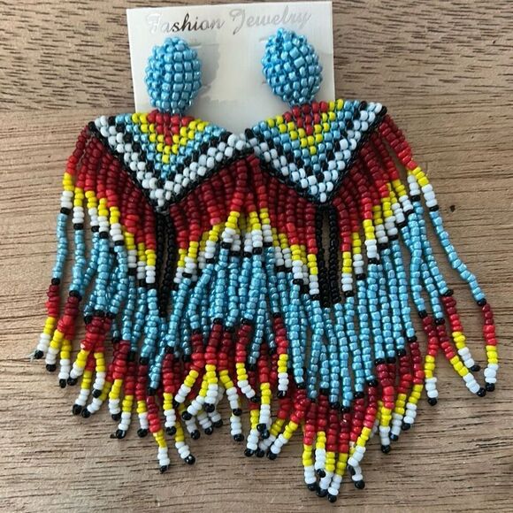 Large beaded dangle earrings ethnic Navajo style turquoise red - Picture 1 of 3